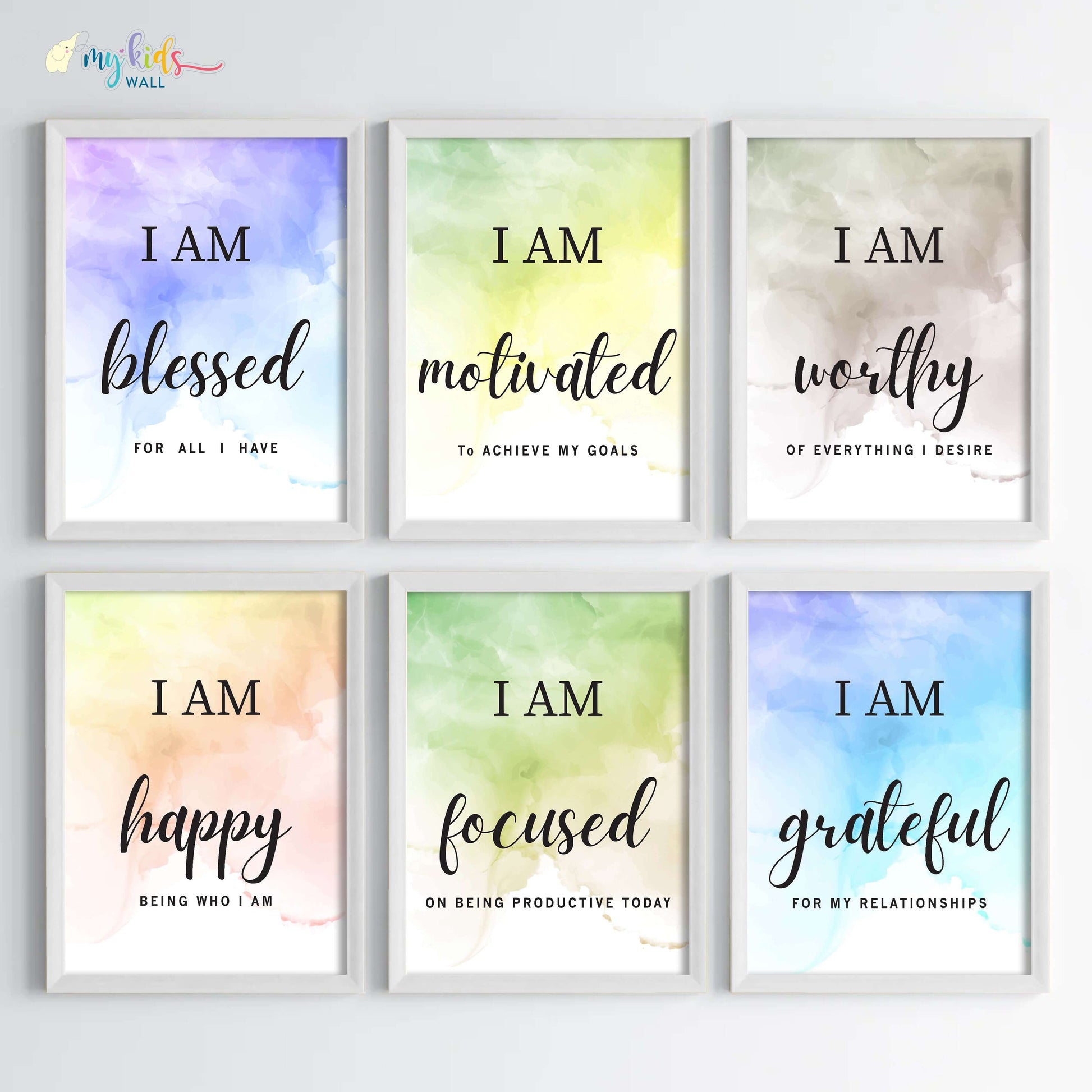 Positive affirmations for success set of 6 wall art white frame