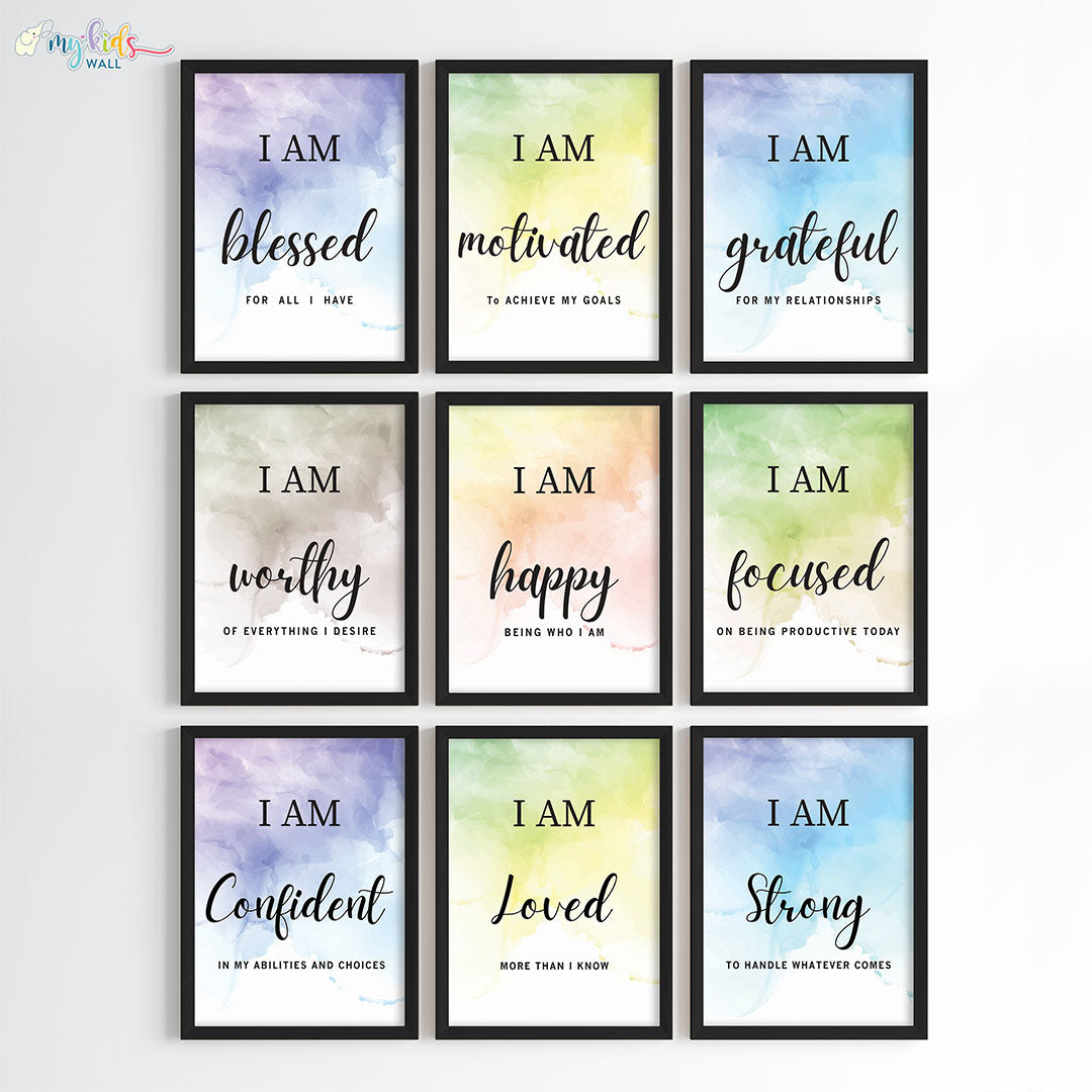 Positive affirmations for success set of 9 wall art black frame