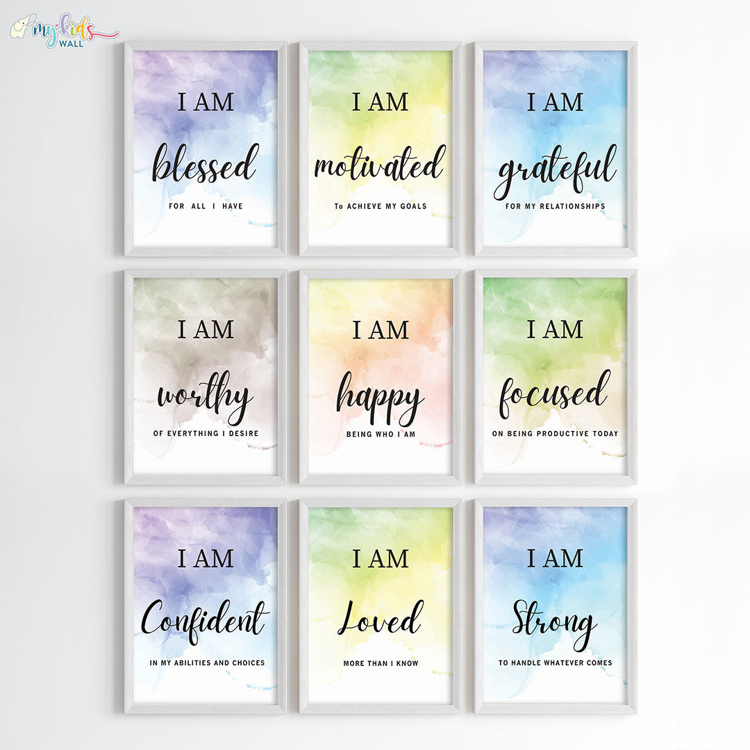 Positive affirmations for success set of 9 wall art white frame