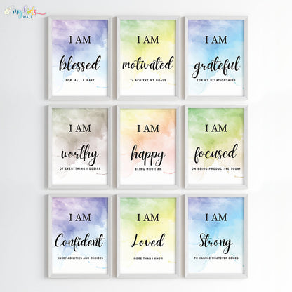 Positive affirmations for success set of 9 wall art white frame