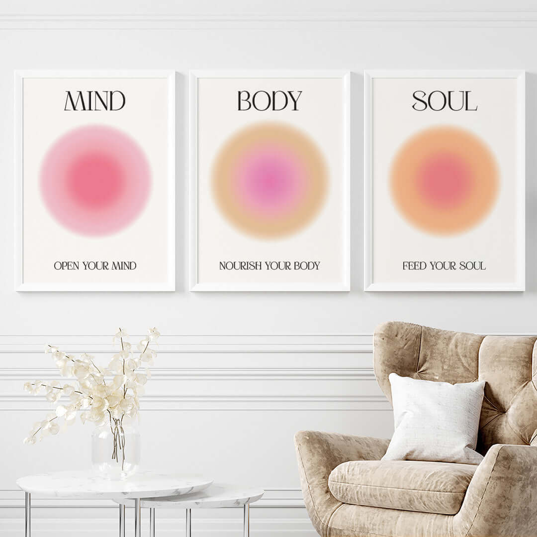 Positive aura set of 3 wall art white frame