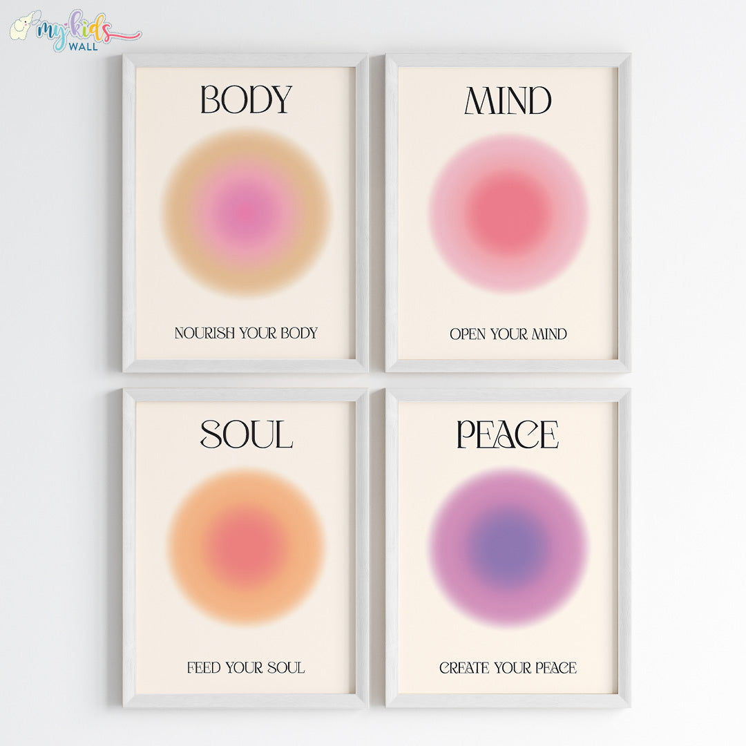 Positive aura set of 4 wall art white frame