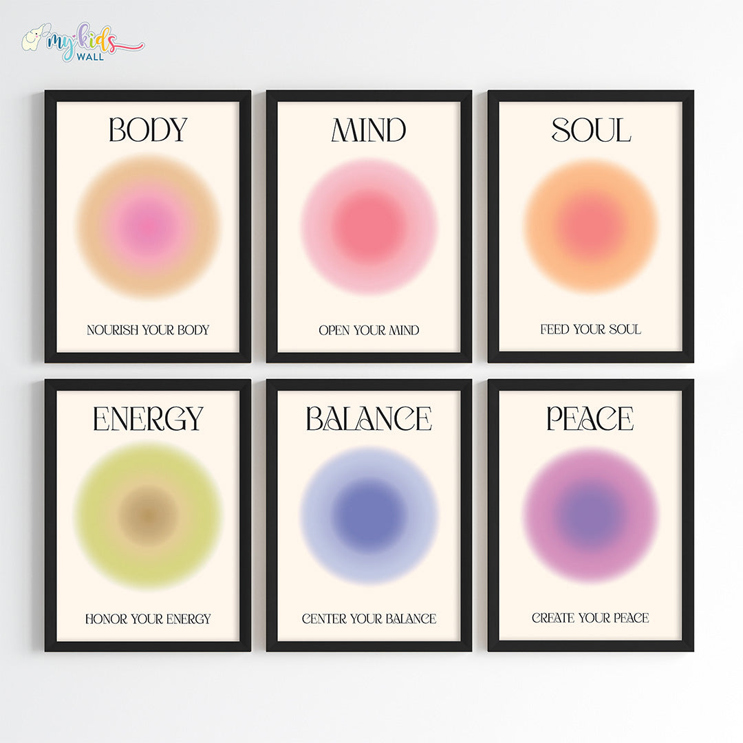 Positive aura set of 6 wall art black frame