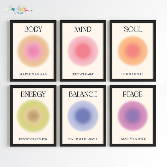 Positive aura set of 6 wall art black frame