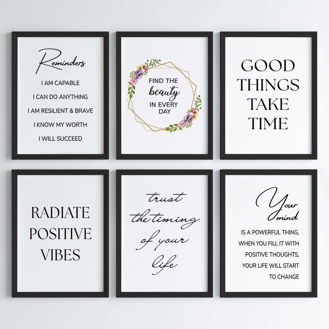 Positive Vibes set of 6 wall art black frame