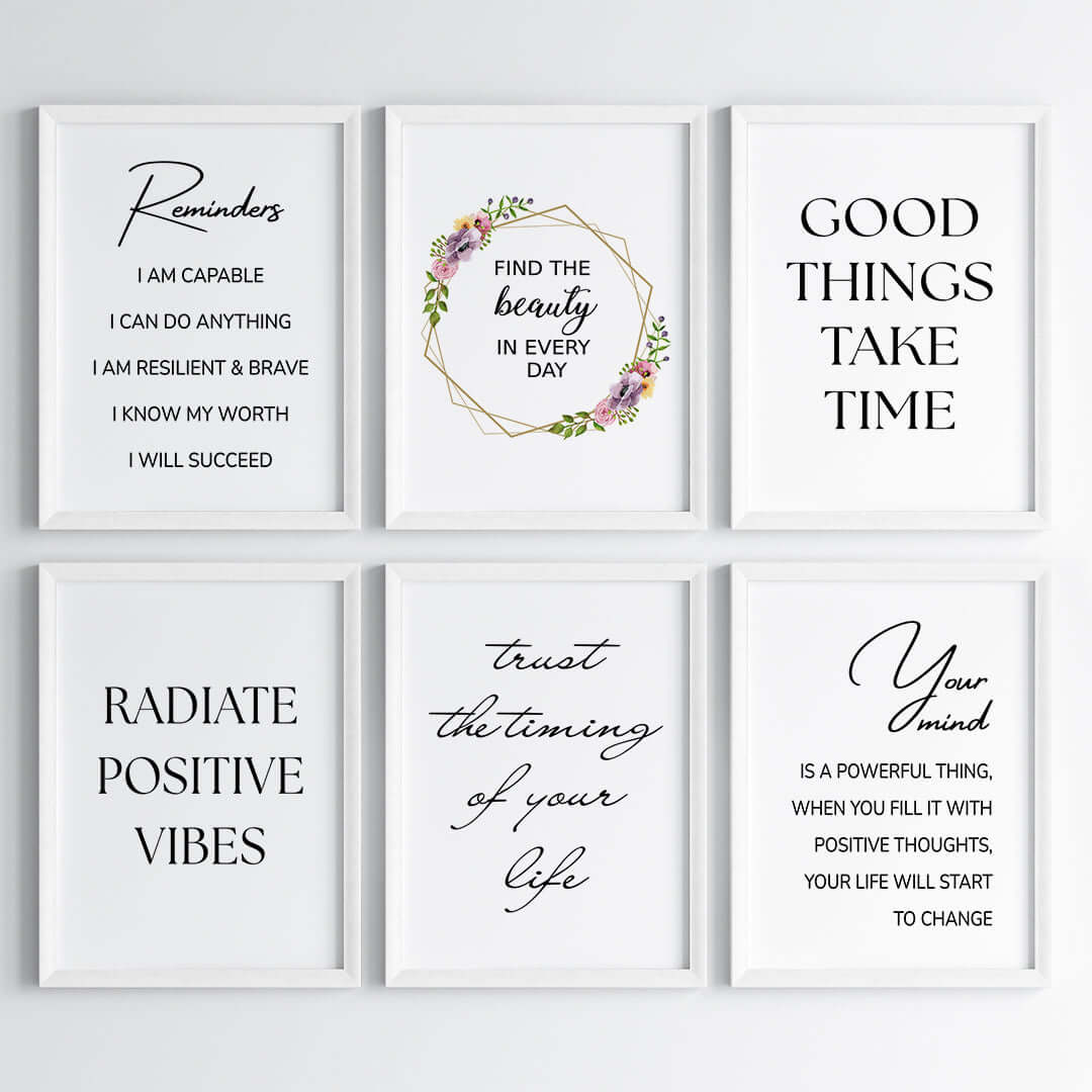 Positive Vibes set of 6 wall art white frame