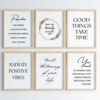 Positive Vibes set of 6 wall art wooden frame