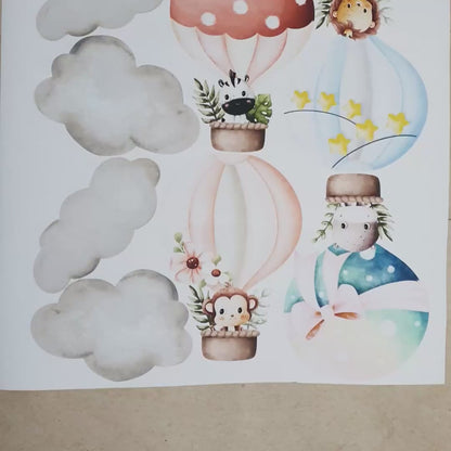 Cute Baby Animals in Hot Air Balloons Personalised Wall Stickers