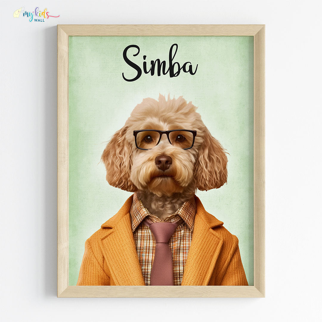 Pet portrait of a dog as a professor-paws in wooden frame