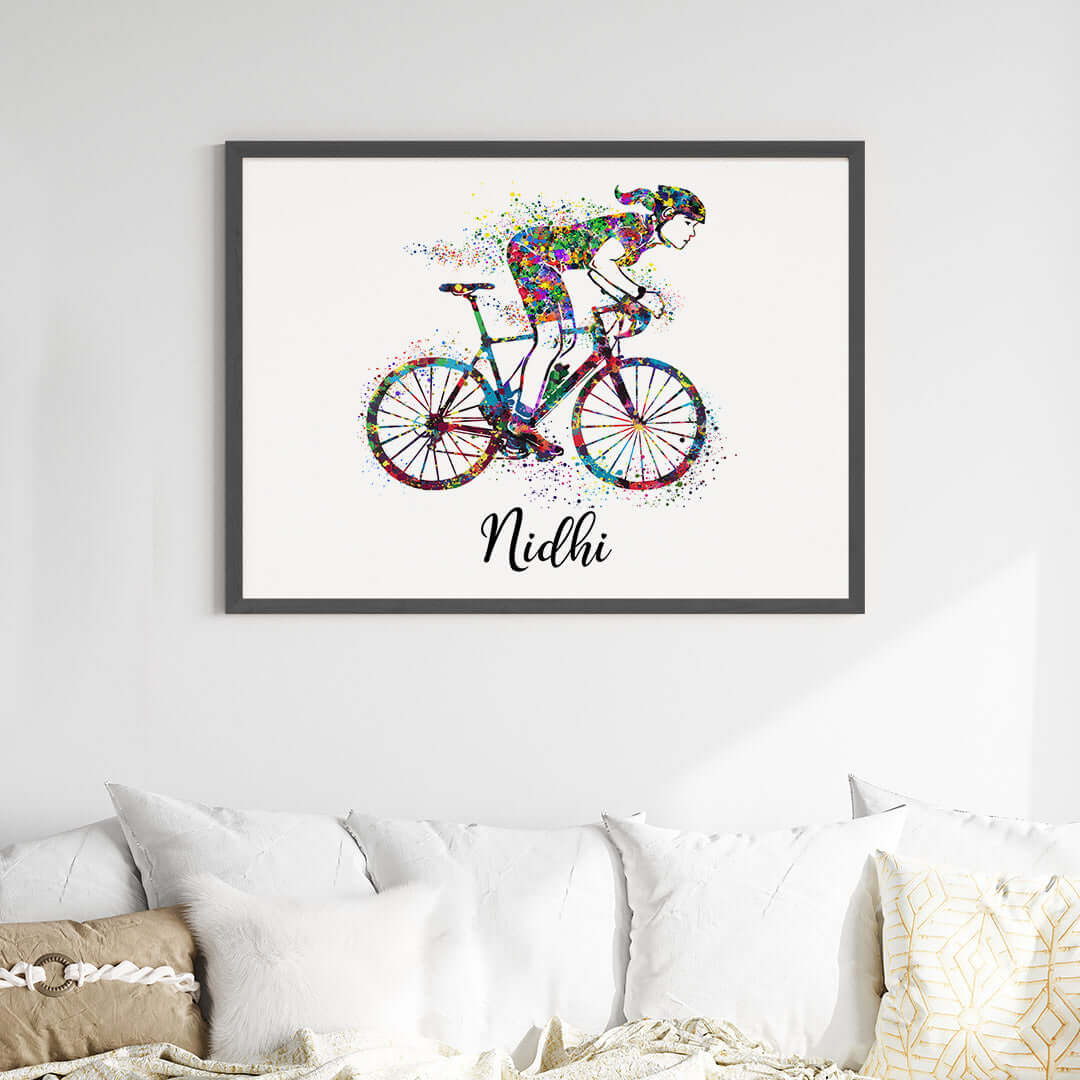 Inspirational racing cyclist girl wall art black frame