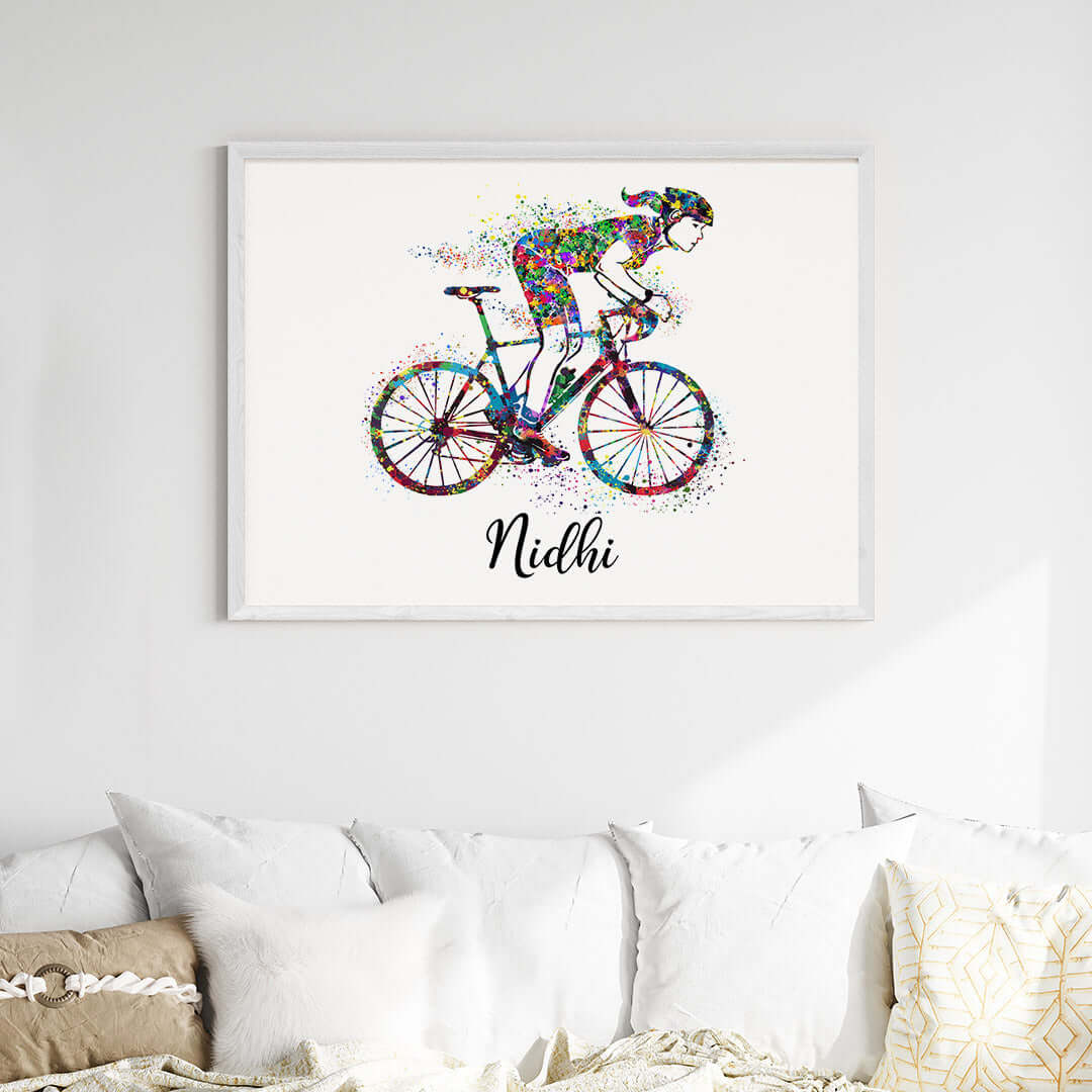 Inspirational racing cyclist girl wall art white frame