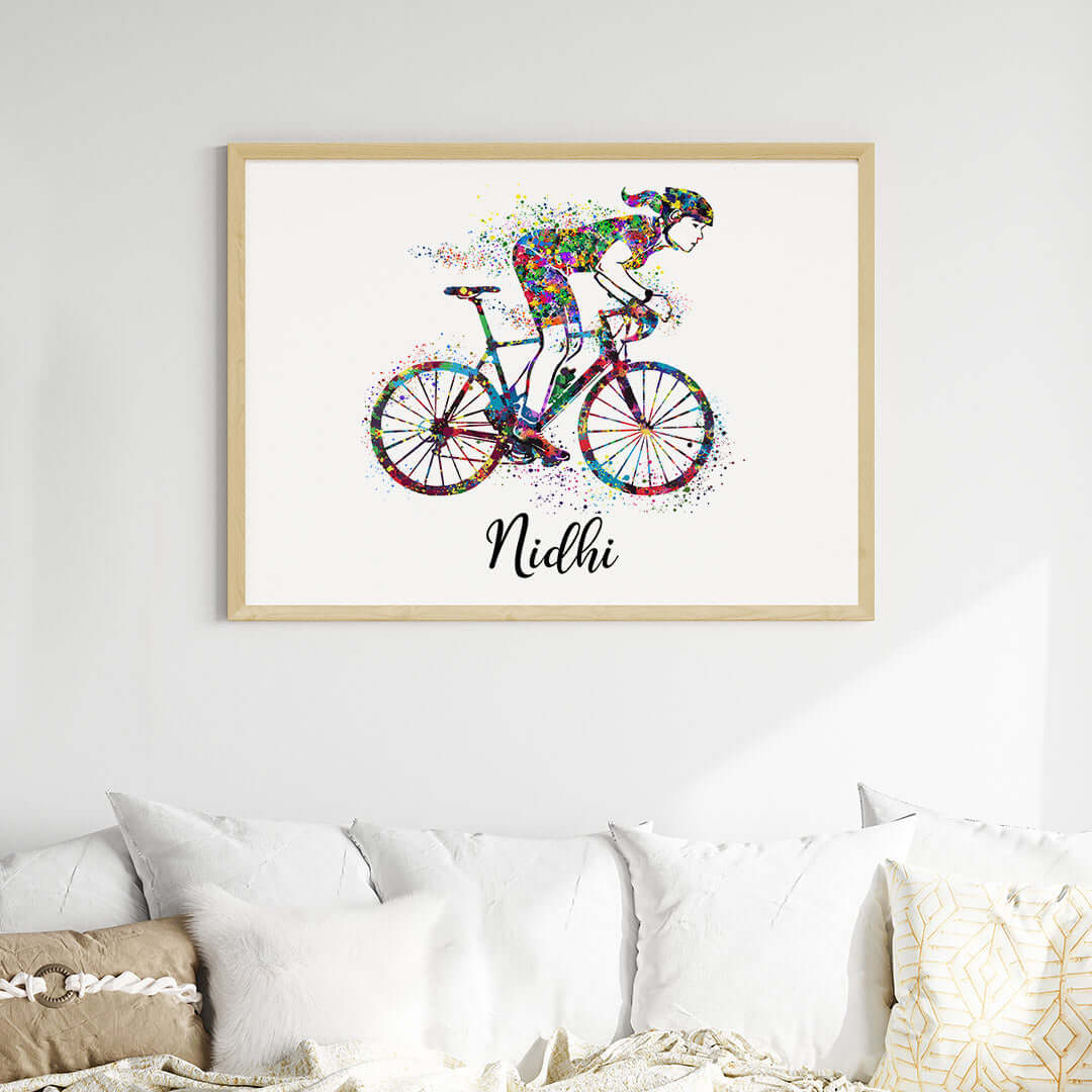 Inspirational racing cyclist girl wall art wooden frame