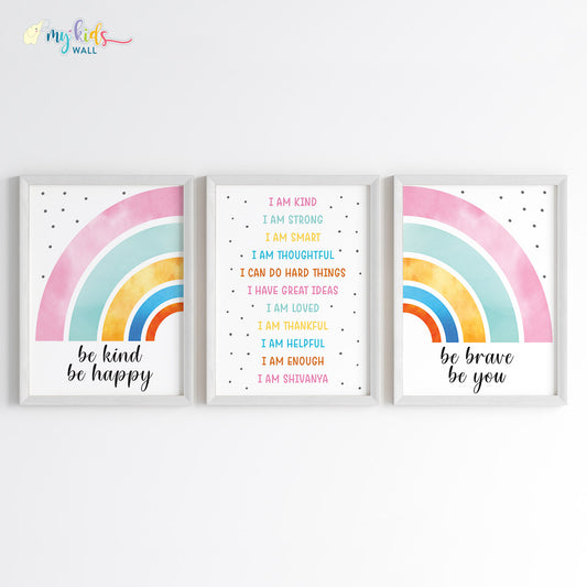 Rainbow motivational wall art set of 3 white frames