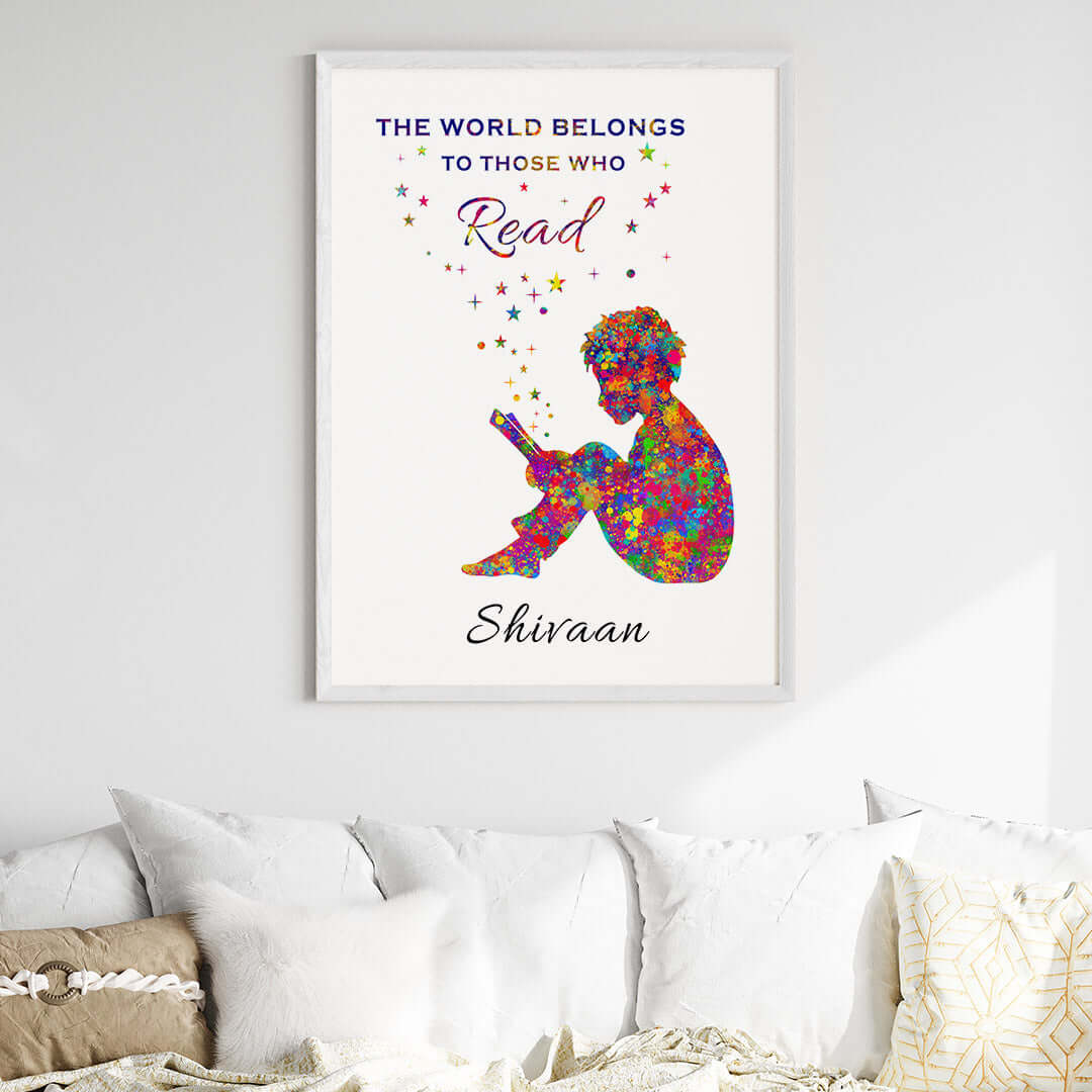 Inspirational reading hobby boy wall art white frame