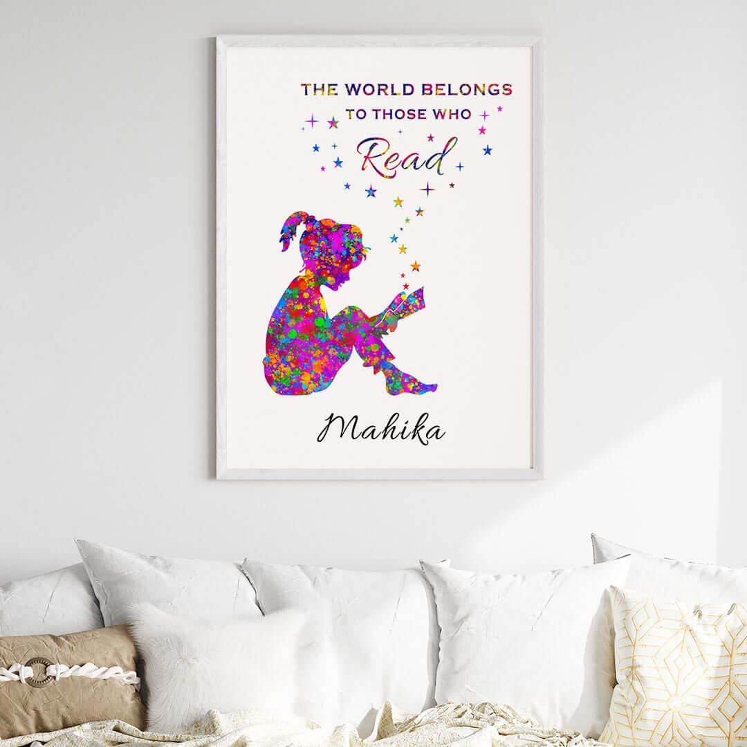 Inspirational reading hobby girl wall art white frame