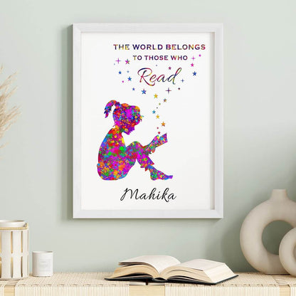 Inspirational reading hobby girl wall art white frame