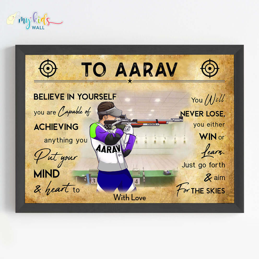 Motivational rifle shooter boy wall art black frame