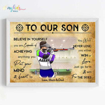 Motivational rifle shooter boy wall art white frame