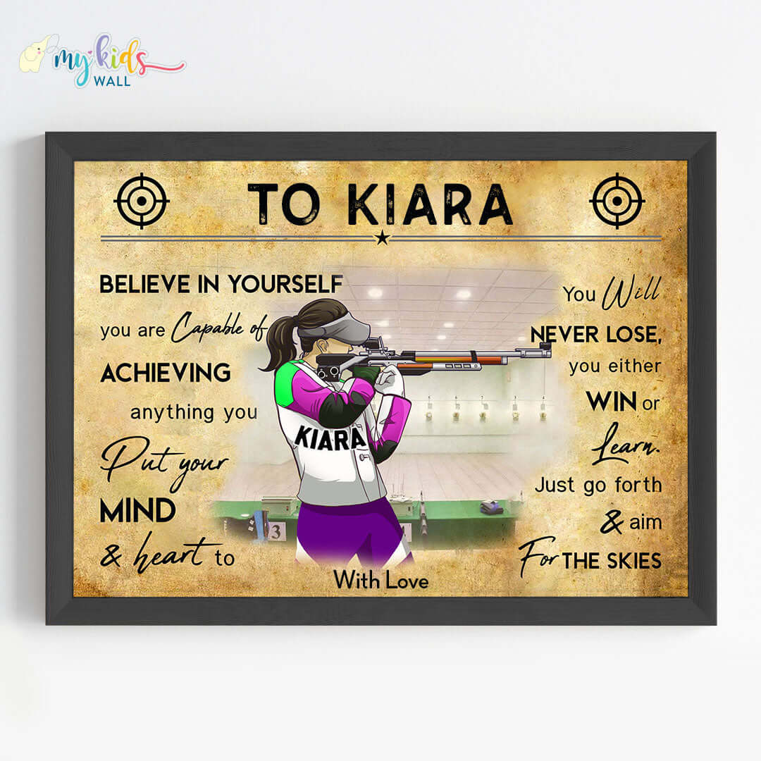 Motivational rifle shooter girl wall art black frame