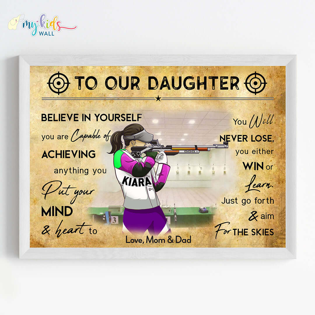 Motivational rifle shooter girl wall art white frame