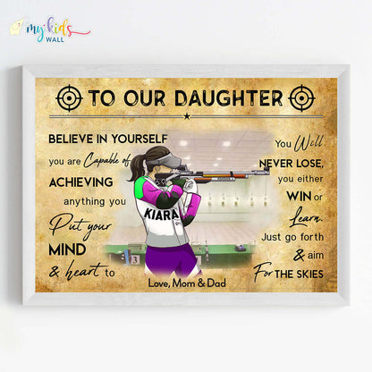 Motivational rifle shooter girl wall art white frame