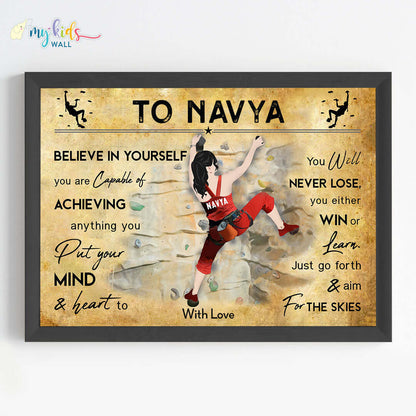 Motivational rock climbing girl wall art black frame