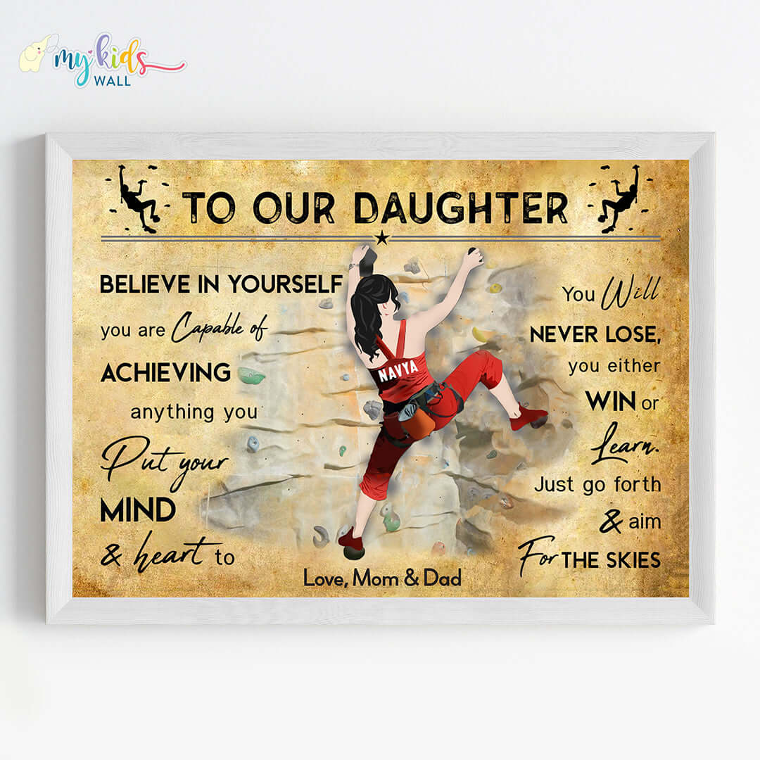 Motivational rock climbing girl wall art white frame