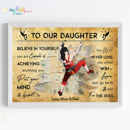 Motivational rock climbing girl wall art white frame