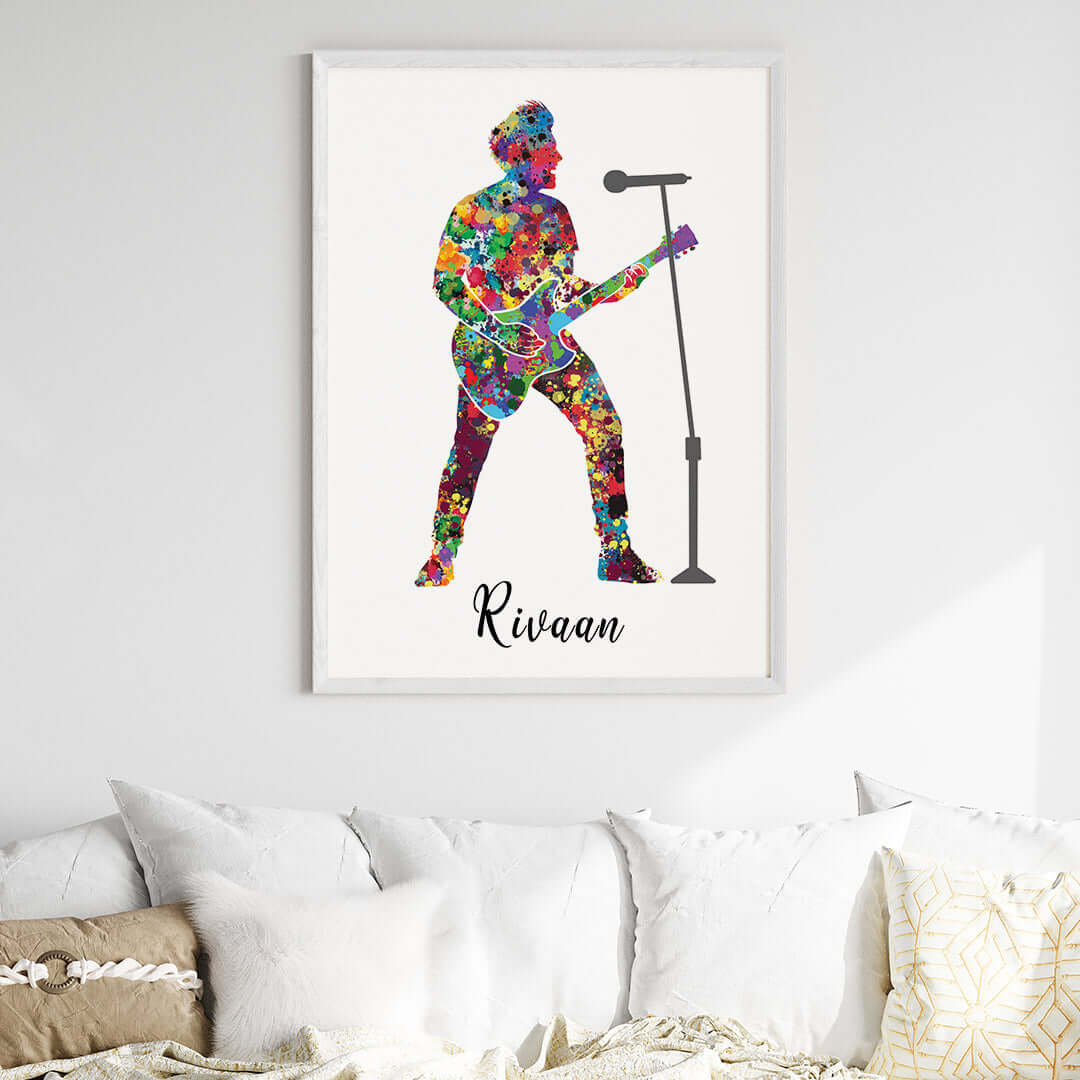 Inspirational rockstar guitarist boy wall art white frame