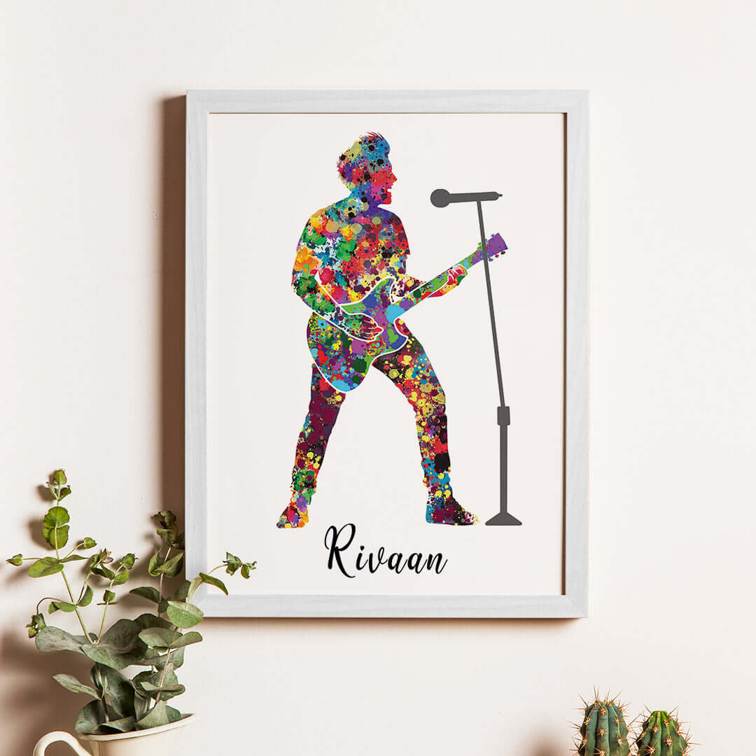 Inspirational rockstar guitarist boy wall art white frame