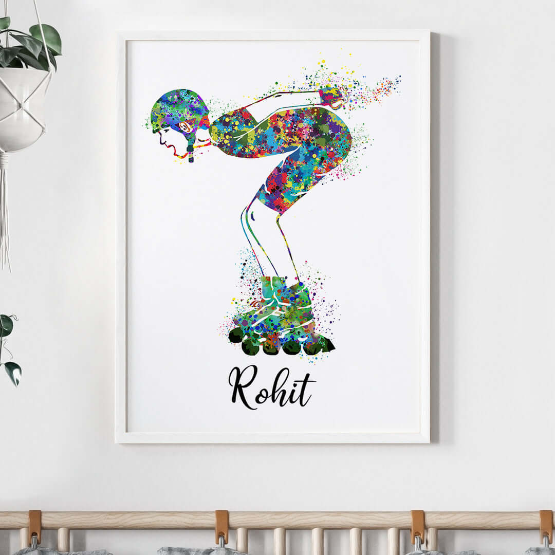 Inspirational roller skater boy wall art white frame