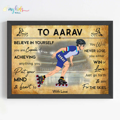 Motivational roller skater boy wall art black frame