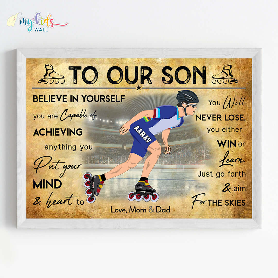 Motivational roller skater boy wall art white frame