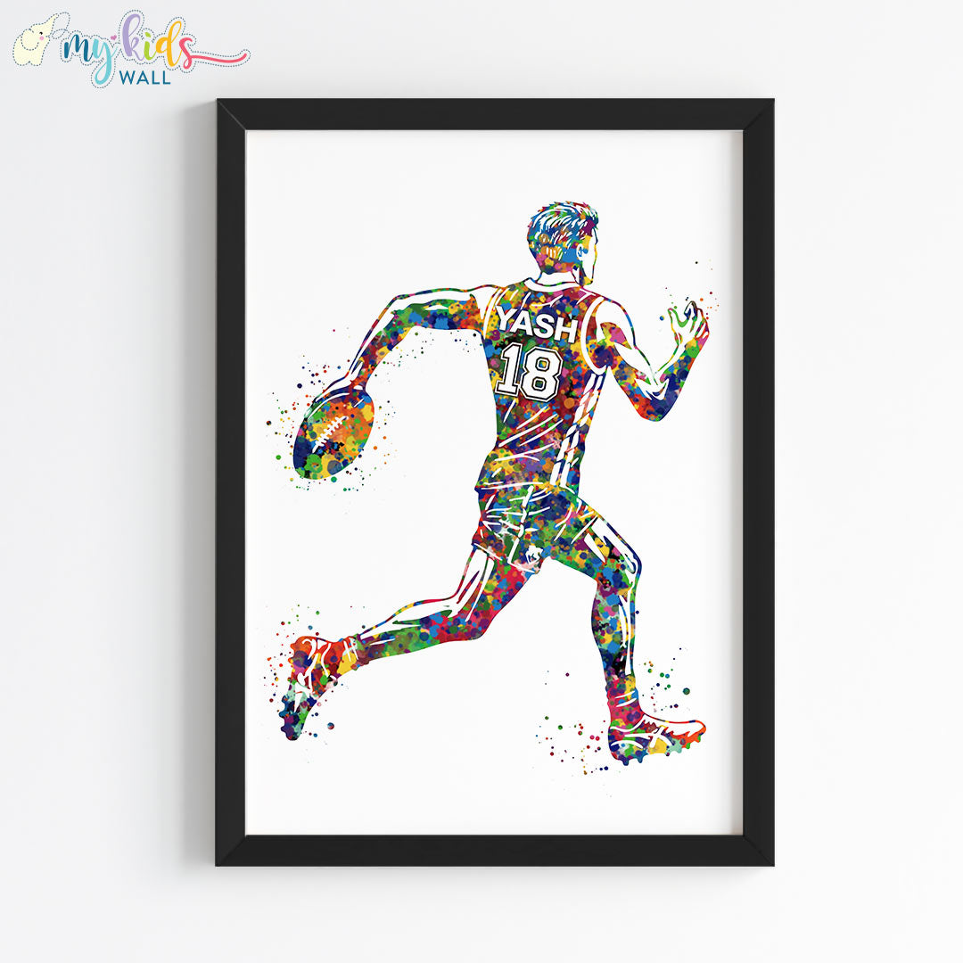 Rugby Player Boy Watercolor Personalised Wall Art Framed Black