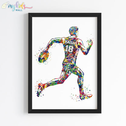 Rugby Player Boy Watercolor Personalised Wall Art Framed Black