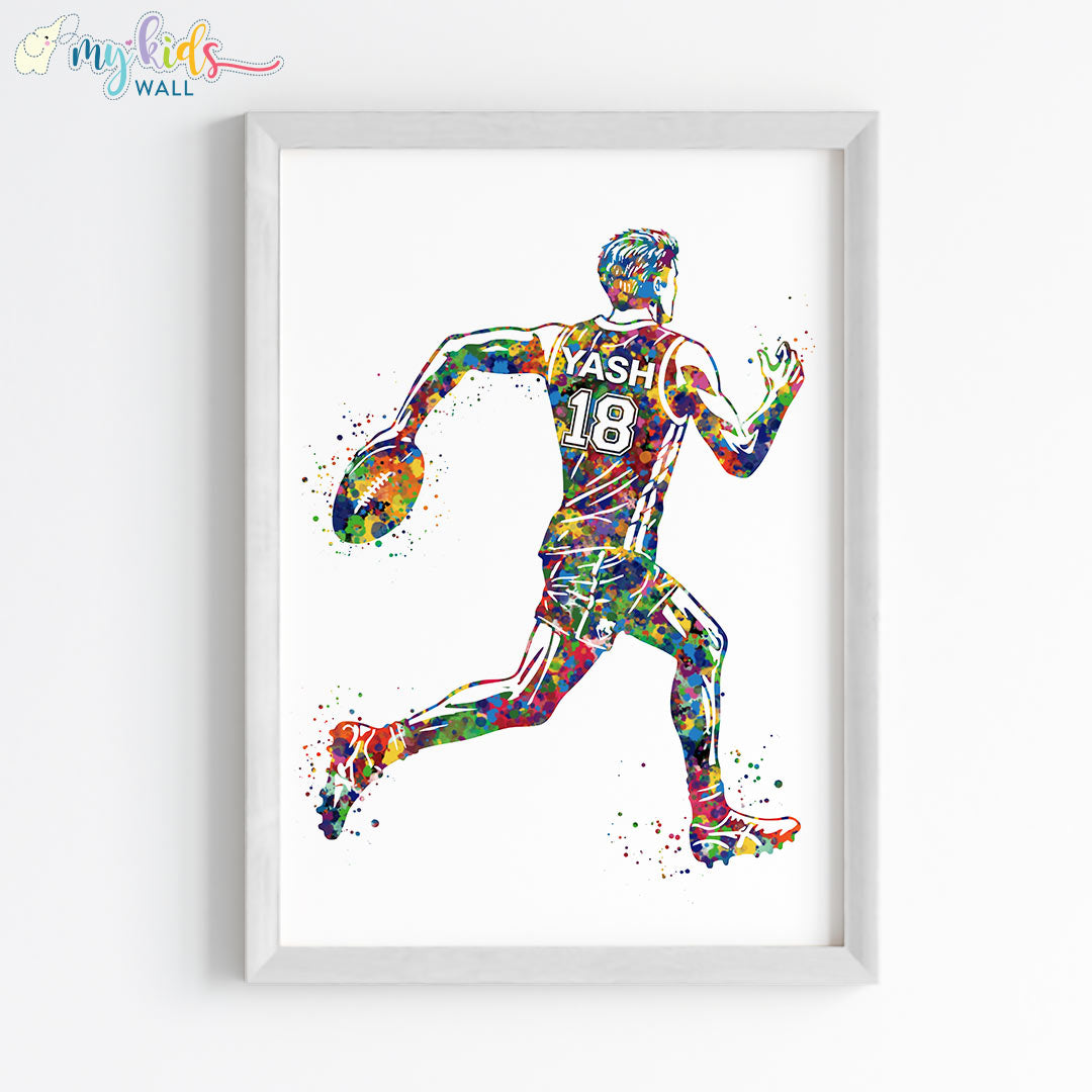 Rugby Player Boy Watercolor Personalised Wall Art Framed White