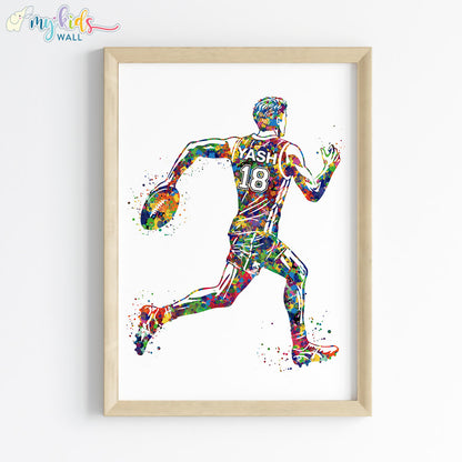 Rugby Player Boy Watercolor Personalised Wall Art Framed Wooden