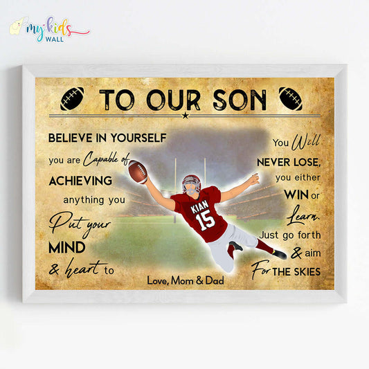 Motivational rugby player catcher boy wall art white frame