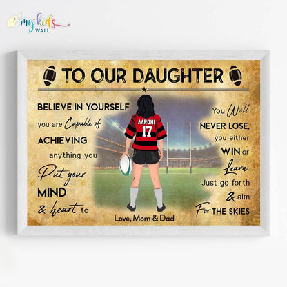 Motivational rugby player girl wall art white frame