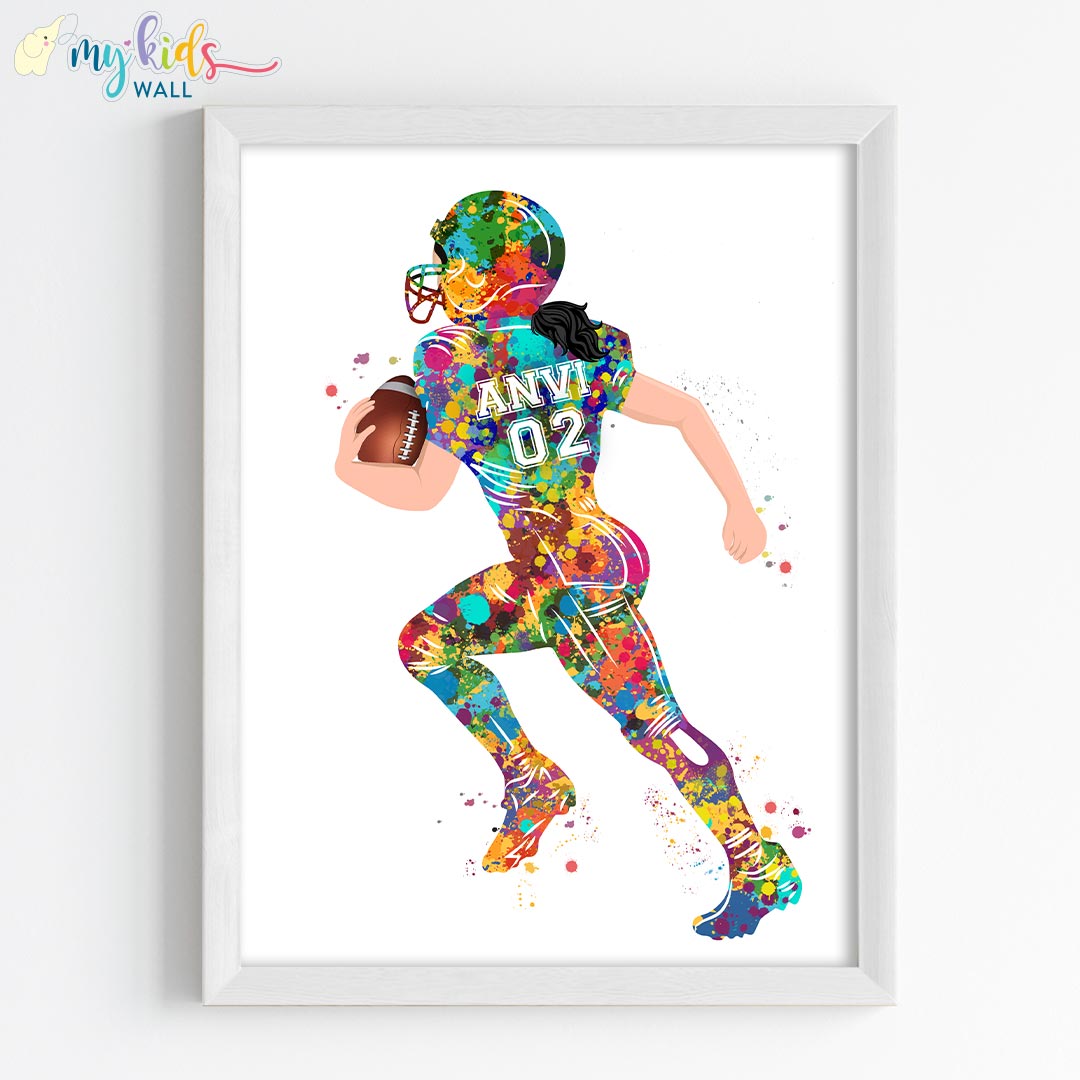 Inspirational multicolor rugby player wall art white frame