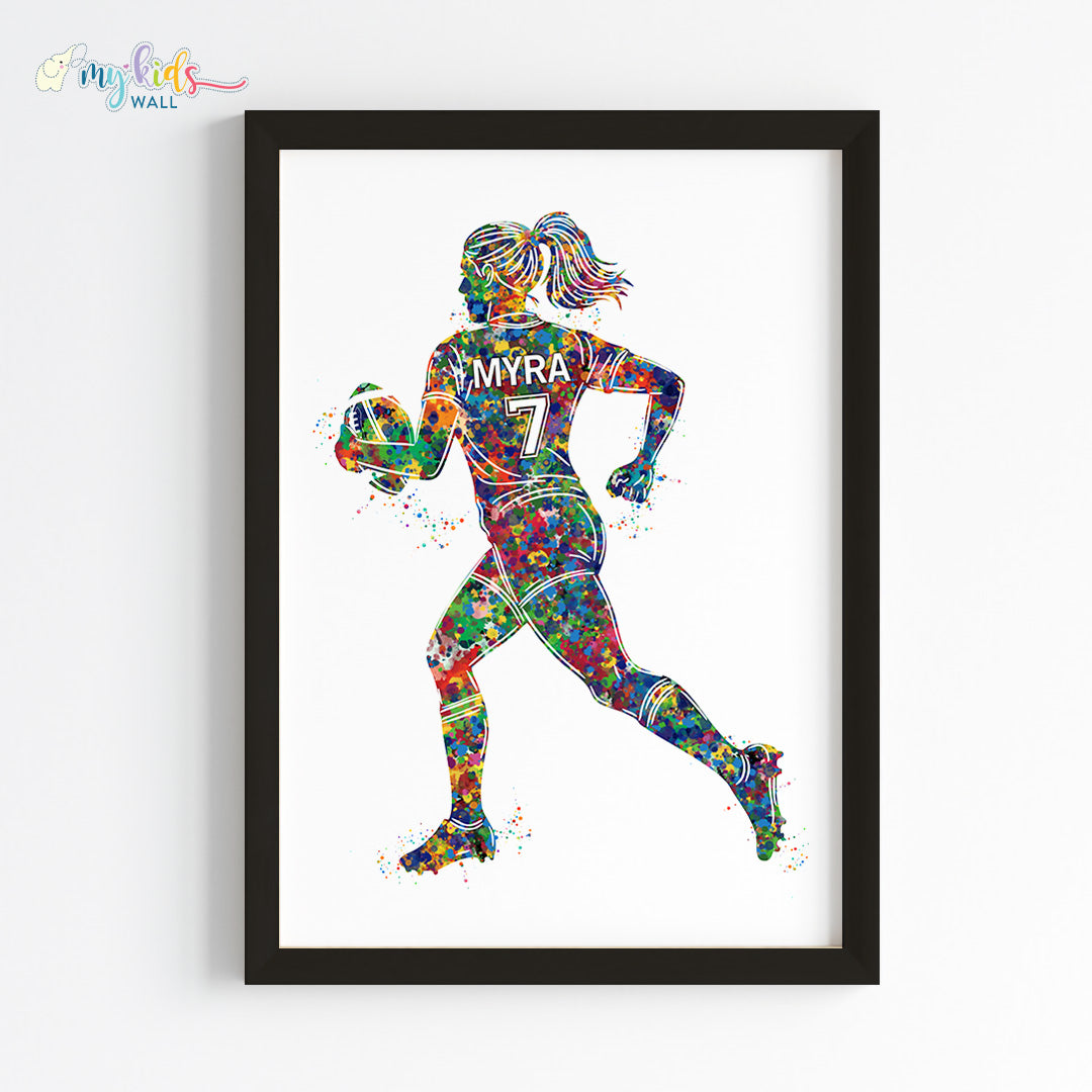 Rugby Player Girl Watercolor Personalised Wall Art Framed Black