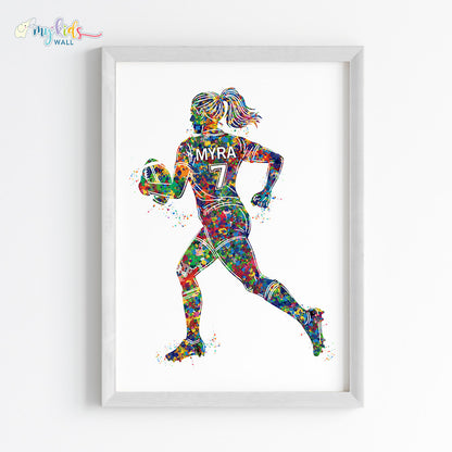 Rugby Player Girl Watercolor Personalised Wall Art Framed White