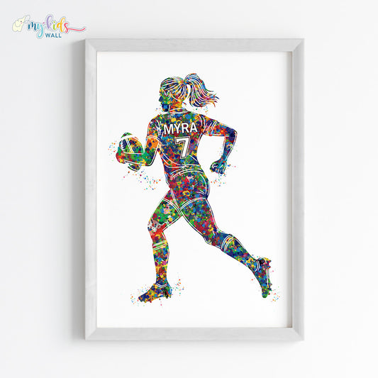 Rugby Player Girl Watercolor Personalised Wall Art Framed White