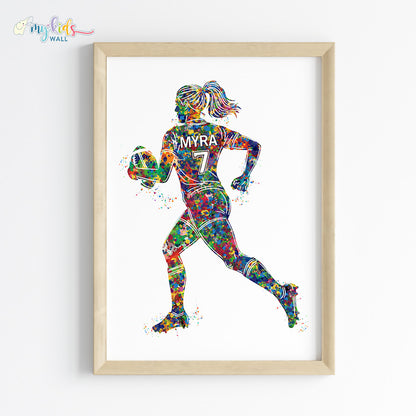 Rugby Player Girl Watercolor Personalised Wall Art Framed Wooden