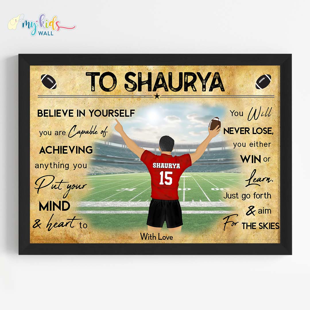 Motivational rugby player wall art black frame