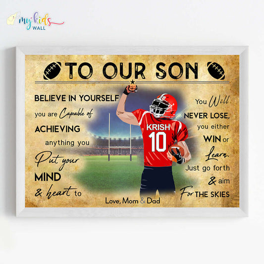 Motivational rugby player boy wall art white frame