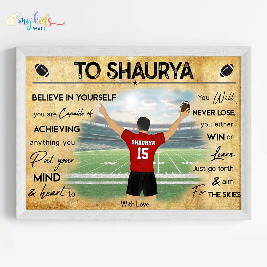 Motivational rugby player wall art white frame