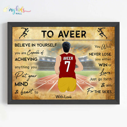 Motivational running athlete boy wall art black frame