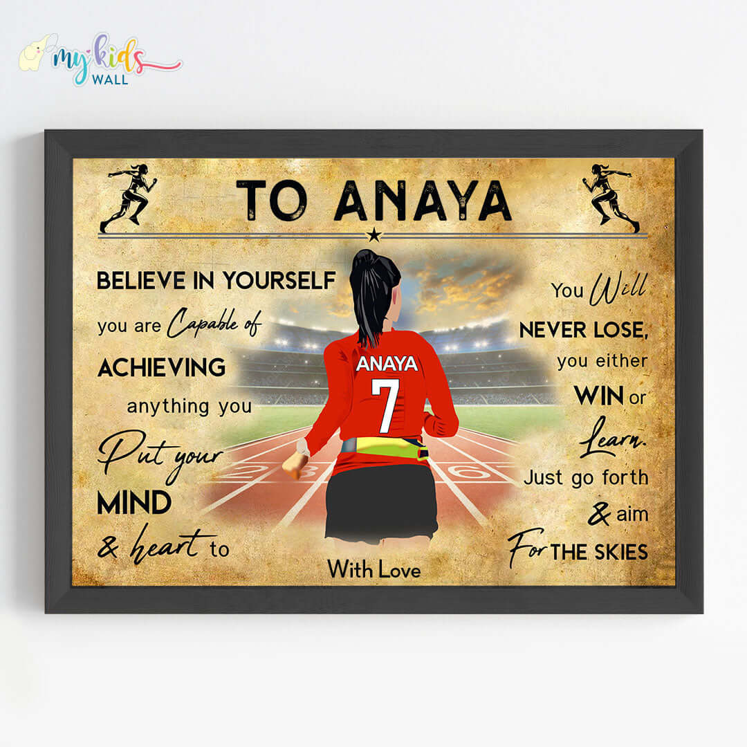 Motivational running athlete girl wall art black frame