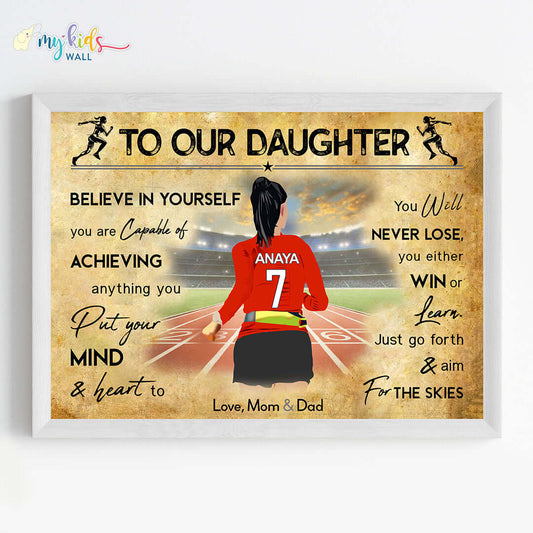 Motivational running athlete girl wall art white frame